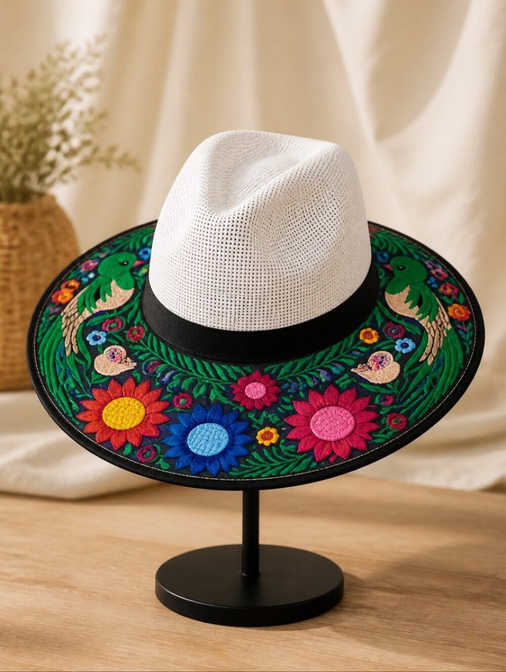 Embroidered Floral Wide Brim Hat